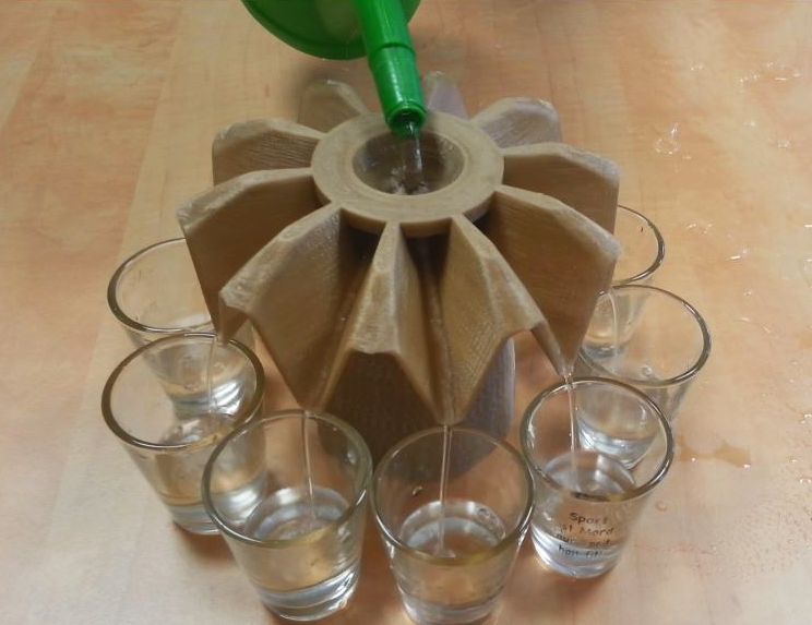 SITUATION: You're scrambling to host a huge party and really need an efficient way to dispense shots. Okay, no. But I'm sure your friends would be impressed if you whipped one of <a href="http://www.thingiverse.com/thing:99528">these</a> out and quickly filled 10 shot glasses, then exclaimed, "Here's to 3-D printing!"