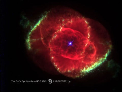Intricate structures of concentric gas shells, jets of high-speed gas and shock-induced knots of gas make up this complicated planetary nebula. The Cat's Eye Nebula, which is about 1,000 years old, could have resulted from a double-star system.