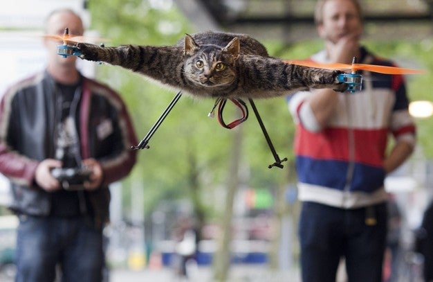 The Orvillecopter by Dutch artist Bart Jansen (R) flies in central Amsterdam as part of the KunstRAI art festival June 3, 2012. Jansen said the Orvillecopter is part of a visual art project which pays tribute to his cat Orville, by making it fly after it was killed by a car. He built the Orvillecopter together with radio control helicopter flyer Arjen Beltman (L) . REUTERS/Cris Toala Olivares (NETHERLANDS - Tags: SOCIETY)