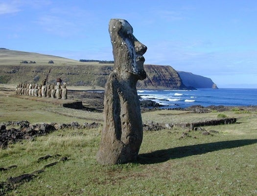 Just kidding. There is an infrasound station on Easter Island, but we are not aware of it being connected to the statues there in any way. This photo was taken near the station.