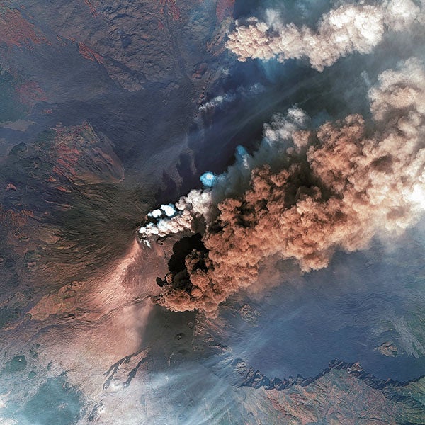 Sicily's Mount Etna is one of the world's most active volcanoes. Its latest eruption began in 2002 and spewed ash and lava for months. The ash formed a cloud 300 miles long that drifted east and was visible from space. Etna, which has been active for more than 2.5 million years, is a composite volcano with a tall main cone consisting of ash, pumice and hardened lava ejected by the volcano. Unlike other similar volcanoes, Etna has more than one active center and possesses several smaller cones, which have formed on lateral fissures that extend down the mountain's sides.