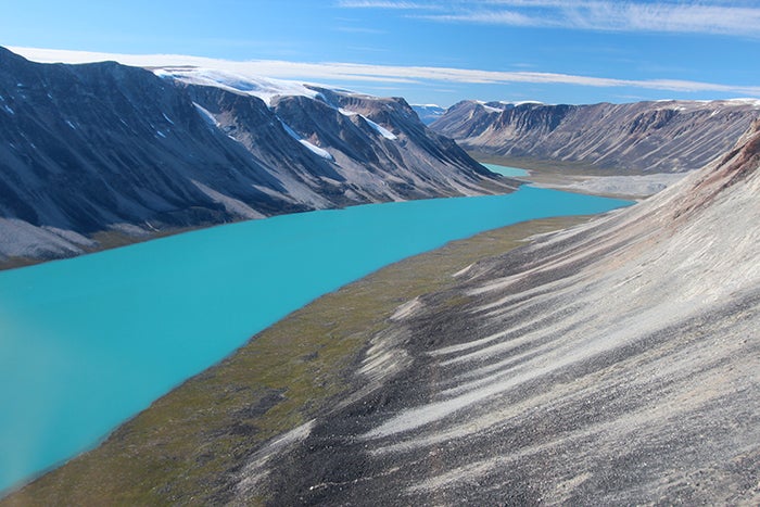 Small outlet glaciers in Western Greenland are retreating backwards from where they were when the Vikings arrived in the 10th century. Here meltwater has formed a lake.