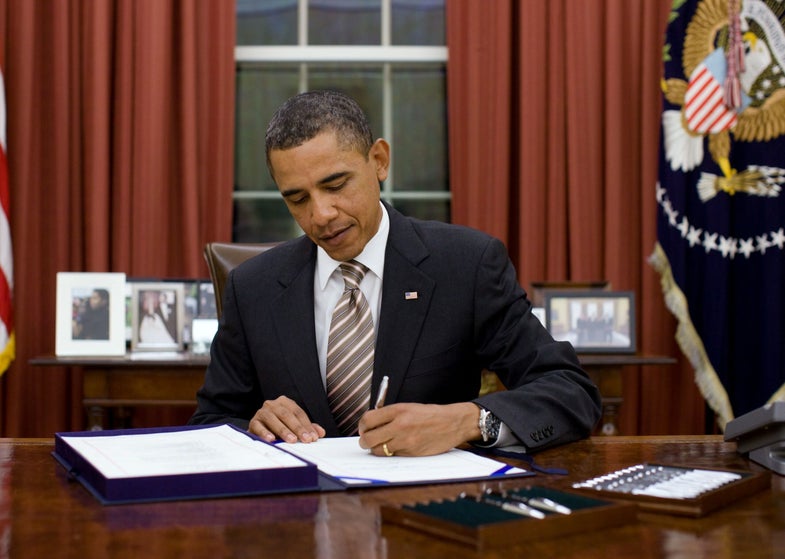 President Barack Obama signs H.R. 2751, the ÒFDA Food Safety Modernization Act,Ó in the Oval Office, Jan. 4, 2011. (Official White House Photo by Pete Souza) This official White House photograph is being made available only for publication by news organizations and/or for personal use printing by the subject(s) of the photograph. The photograph may not be manipulated in any way and may not be used in commercial or political materials, advertisements, emails, products, promotions that in any way suggests approval or endorsement of the President, the First Family, or the White House.