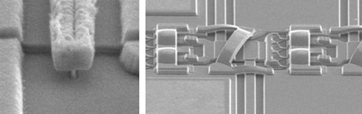 The 670 GHz compact circuit layout (right), alongside a detail of Northrop Grumman's 30-nanometer Indium Phosphide T-gate (left).