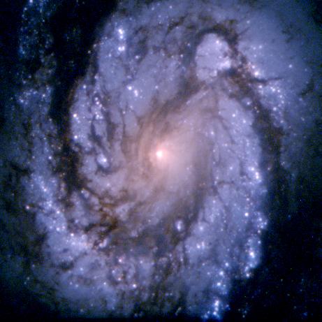 A blue-and-white, crystal-clear spiral galaxy viewed by Hubble in 1994.
