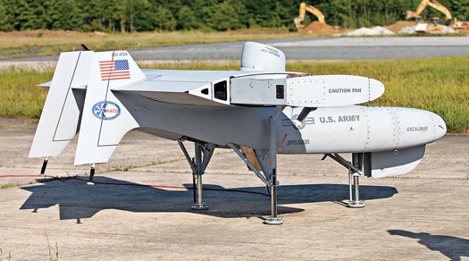 <strong>Class:</strong> Hunt-and-kill<br />
<strong>Habitat:</strong> Future war zones, on land and at sea. If Aurora Flight Sciences can scale up the prototype, Excalibur could be deployed on the battlefield within five years.<br />
<strong>Behavior:</strong> Unlike Air Force drones, which are flown by operators stateside and are in short supply, the Excalibur can be remotely operated from wherever it's deployeda€"the mountains of Afghanistan or the helipad of a shipa€"providing immediate tactical support to Army, Navy and Marine troops. It can take off and land without a runway and flies at 30,000 feet. Fitted with 400 pounds of laser-guided munitions, including Hellfire missiles, the hybrid turbine-electric Excalibur strikes enemy targets up to 600 miles away from its handler. It can loiter and inspect the damage with a suite of infrared or electro-optical surveillance cameras and follow anyone who gets away.<br />
<strong>Notable Feature:</strong> After takeoff, the jet engine pivots in-line with the fuselage, and the lift turbines retract inside the wing section for forward flight. It travels at a brisk 530 mpha€"twice as fast as a helicopter.
