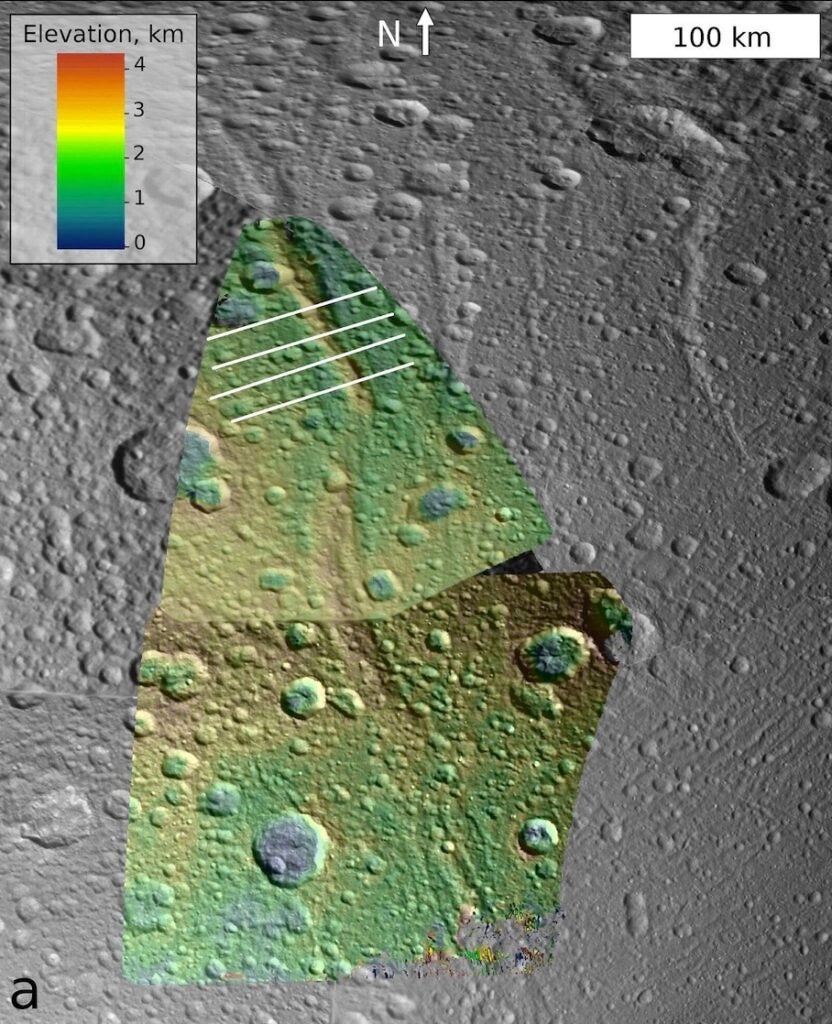 The topography of a mountain known as Janiculum Dorsa on the Saturnian moon Dione. Color denotes elevation, with red as the highest area and blue as the lowest.