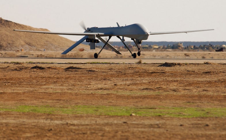 A US Air Force (USAF) MQ-1 Predator armed with an AGM-114 Hellfire missile and assigned to the 46th Expeditionary Reconnaissance Squadron (ERS), taxis out to the runway at Tallil Air Base (AB), Iraq, in support of OPERATION IRAQI FREEDOM.
