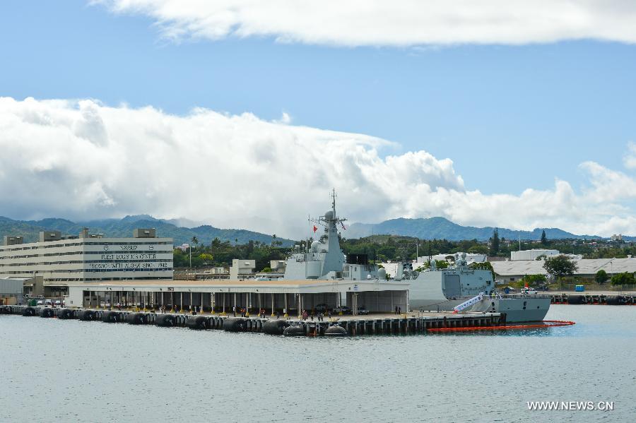 Haikou, DDG 171, docks at Joint Base Pearl Harbor Hickam in Honolulu, Hawaii. Haikou is the flagship of the first ever Chinese delegation to RIMPAC.