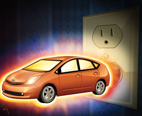 A Prius plugged into a wall outlet. Illustration.