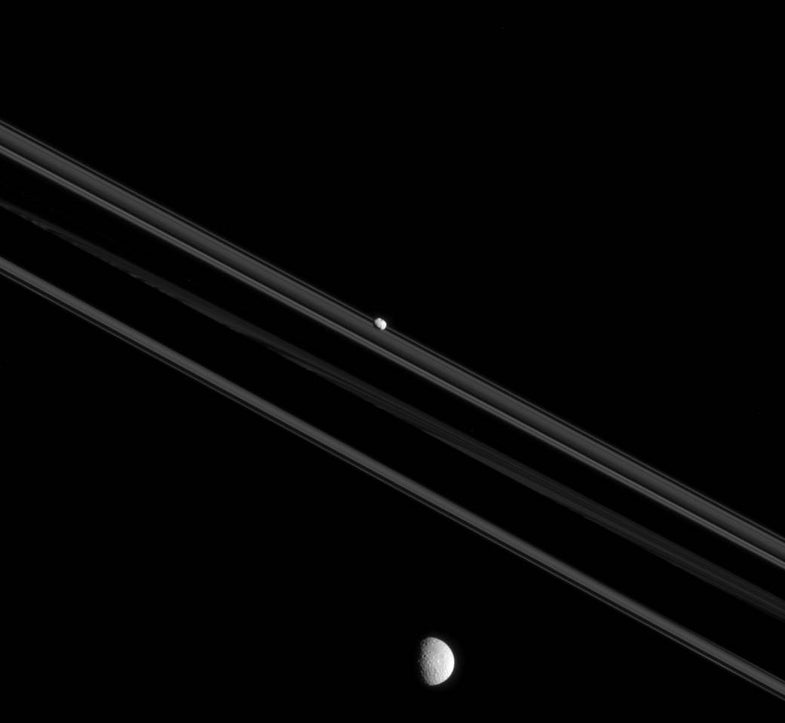 The Cassini spacecraft <a href="http://www.nasa.gov/image-feature/jpl/pia18339/cassini/worlds-apart/">captured</a> this snapshot of two of Saturn's many moons: Mimas and Pandora. Mimas, pictured at the bottom, is a medium-sized spherical moon, 246 miles across. Pandora is only 50 miles across and elongated, possibly indicating it was formed by collecting particles from Saturn's rings. Cassini also recently took some great pictures during its latest flyby of Enceladus.