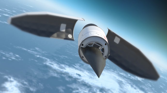 The WU-14 Hypersonic Glider in this computer generated image is decoupling from its warhead bus in the exoatmosphere, to initiate reentry at speeds of up to Mach 10. Hypersonic gliders are ideal attack munitions against a variety of hard targets like warships, command and control facilities, communications links, hangars and intelligence facilities.