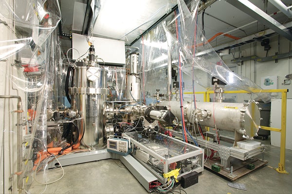 The mirror assembly [shown here] is where 10 percent of the photons become the laser beam and 90 percent reenter the wiggler to sustain the process.