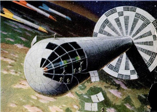 Darrell C. Romick, an aerophysics scientists for the Goodyear Aircraft Company, designed a satellite capable of housing 20,000 inhabitants. The gravity-free facility would accommodate laboratories, telescopes, rocket ship docks, and even spaceship construction centers. Most impressive, perhaps is the gigantic, continuously rotating gravity wheel. In addition to providing gravity adjusted to Earth's, the wheel would provide an elevator and 4,000,000 cubic feet of living quarters. Balance weights would run up and down shafts in the wheel in order to maintain the balance of gravity. Romick imagined that the space station's construction would take roughly three and a half years to grow from a simple satellite into a full-blown city in outer space. Read the full story in "Now They're Planning a City in Space"