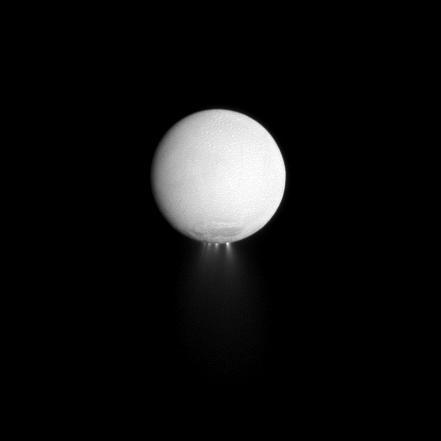 Oh, nothing to see here, just jets of ice and water pluming out of Saturn's moon Enceladus. <a href="https://www.popsci.com/science/article/2012-03/it-snowing-microbes-enceladus/">Learn more about Enceladus' jets</a>. Could there be microbes in those plumes?