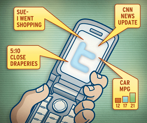 A flip phone with the Twitter logo on its screen, and some speech bubbles that say "5:10, close draperies," "Sue: I went shopping," "CNN news update," and "Car MPG."