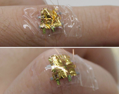 two photos of a sensor taped onto someone's knuckle