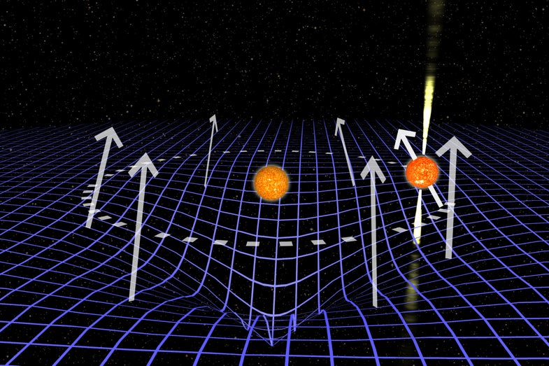 The pulsar, a type of neutron star, creates a warp in spacetime while giving off pulses detectable by radio telescopes, shown in yellow.