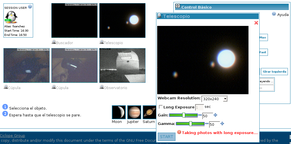 A screengrab shows what a robotic telescope network user would see, using the Ciclope Astro software. A new network called GLORIA, for GLObal Robotic-telescopes Intelligent Array, will connect robotic telescopes around the world, and make them available for free use by amateur astronomers. This shows an unfocused image of Jupiter and two moons.