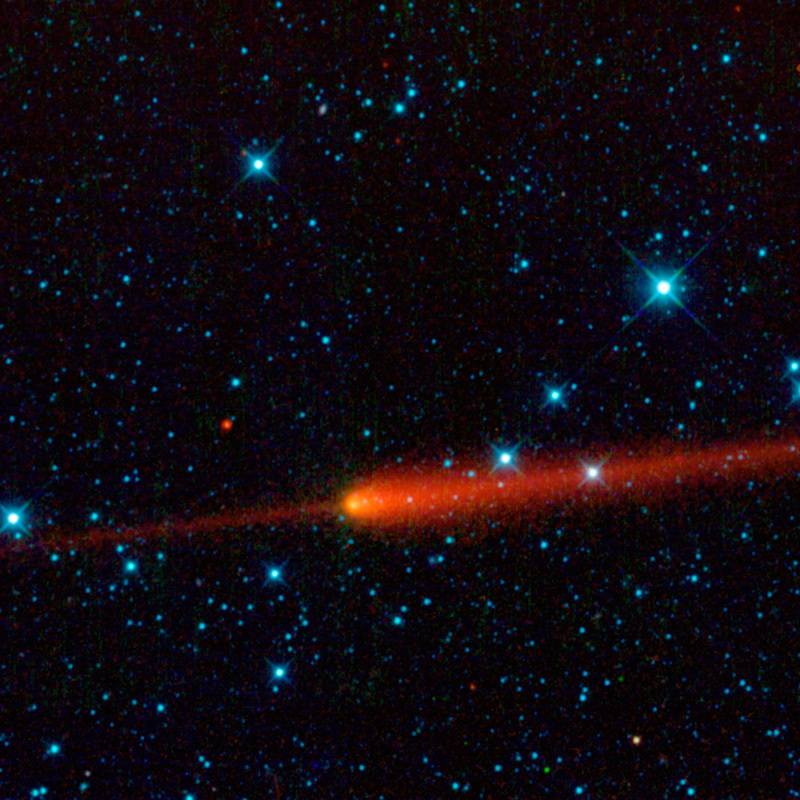 On April 24, 2010, WISE captured this image of Comet 65P/Gunn in the constellation Capricornus. Just ahead of the comet is an interesting fuzzy red feature that makes it look something like a swordfish. The "sword" is a debris trail made of dust particles that have previously been shed by 65P/Gunn as it orbits the sun.