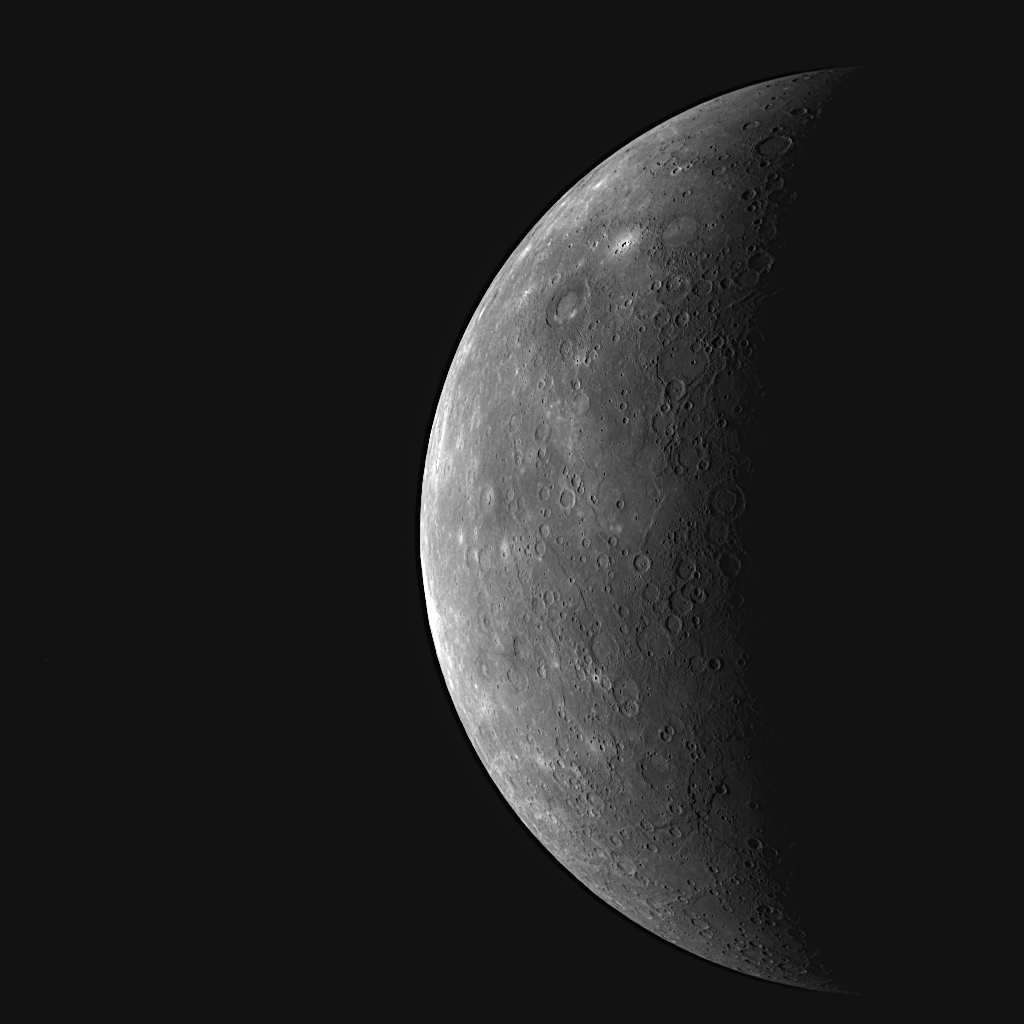 This striking view of Mercury shows portions of its surface that had remained unseen by spacecraft even after the three flybys by Mariner 10 in 1974-75 and <em>Messenger</em>'s two earlier flybys in 2008. The newly imaged terrain is located in a wide vertical strip on the left side of Mercury's partially sunlit disk.