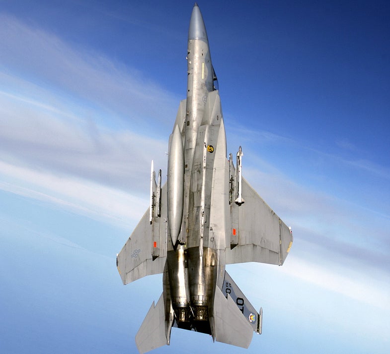 A US Air Force (USAF) F-15C Eagle aircraft assigned to Detachment 1, 28th Test Squadron located at Nellis Air Force Base, Nevada, maneuvers into a vertical climb during a mission to evaluate the AIM-9X Sidewinder short-range, heat-seeking air intercept missile, conducted by the Air Force Operational Test and Evaluation Center, Detachment 2, at Eglin AFB, Florida (FL).