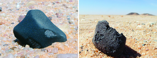 Meteorites are asteroid fragments that fall to the ground. Some are as small as pebbles, so how do you distinguish them from ordinary rocks in the sand? One telltale sign is a dark, glassy crust, typically about a millimeter thick, that forms around the rock after an asteroid scorches through the atmosphere, traveling up to 45,000 mph, and explodes.