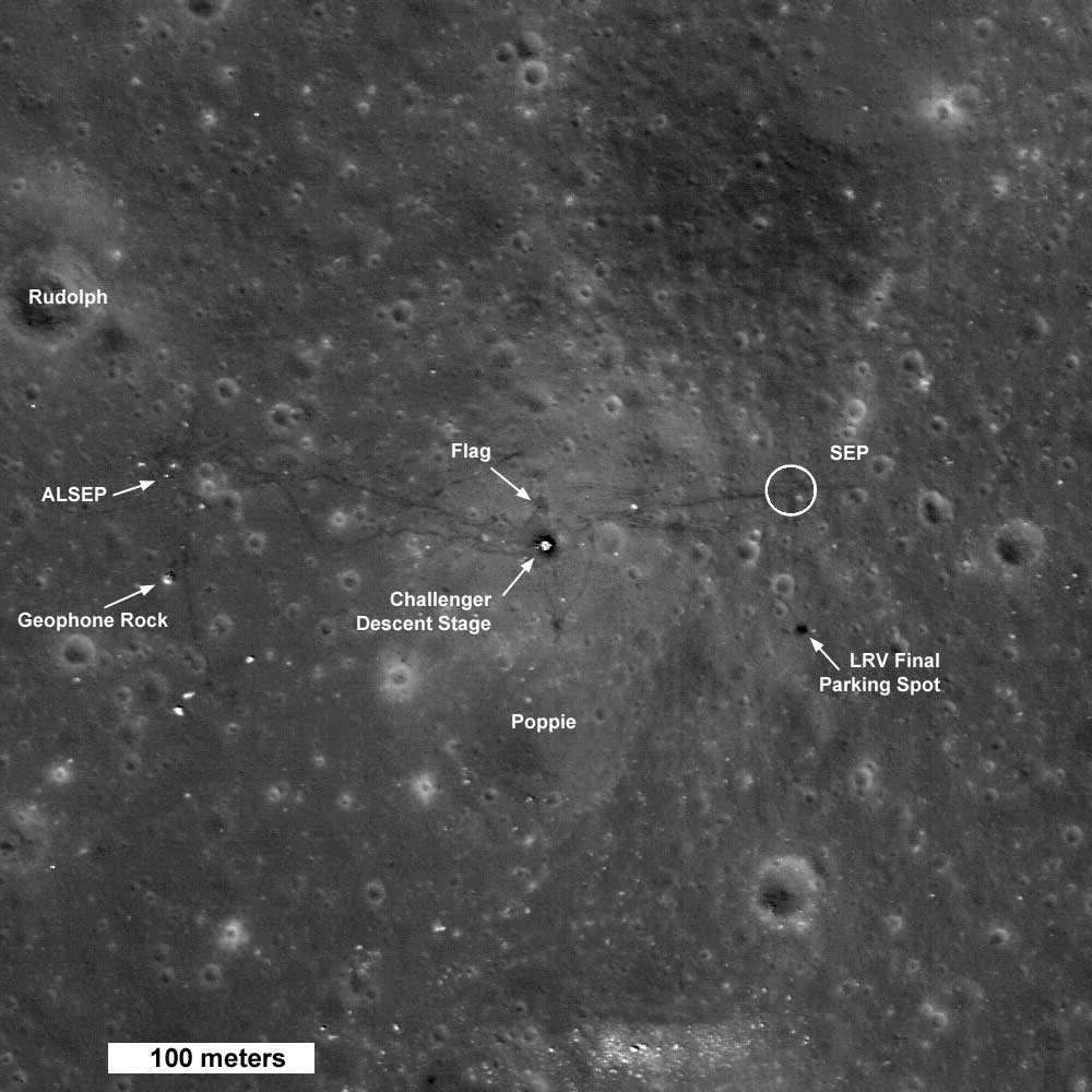 The lunar module Challenger’s descent stage is visible in this LRO image, as is the placement of the ALSEP (Apollo Lunar Surface Experiment Package), the flag, and the rover’s final parking spot.
