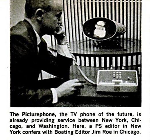 In 1965, the Picturephone (then described as "The TV Phone of the Future," which now seems more like a vintagey Skype) was rolled out in select cities. VIPs in Chicago, New York and Washington could watch their counterparts on a tiny screen while they spoke on the phone. In this image, you can see a dapper PopSci editor testing it out with an editor-at-large in Chicago. Read the full story in They're Still Inventing the Telephone