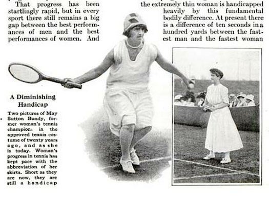Two pictures of May Sutton Bundy, former woman's tennis champion: in the approved tennis costume of twenty years ago, and as she is today. Woman's progress in tennis has kept pace with the abbreviation of her skirts. Short as they are now, they are still a handicap.