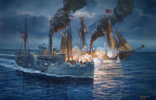 This is a new painting of the fatal clash between the USS <em>Hatteras</em> and CSS (Confederate) <em>Alabama</em> on Jan. 11, 1863.