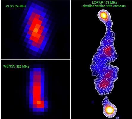 Low frequency radiation from the a super massive black hole, as taken by traditional radio telescopes (on the left), and LOFAR (on the right).