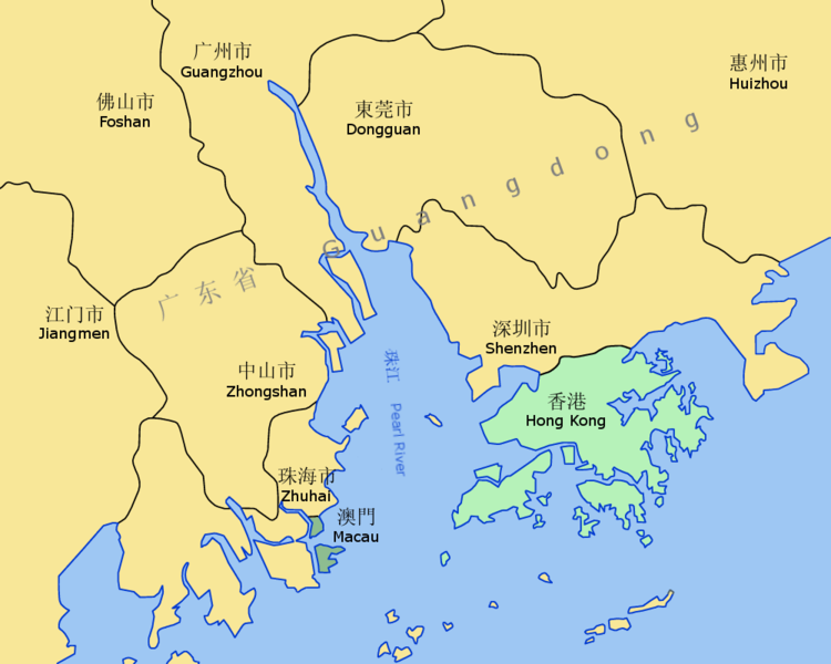 The new super-city will take in all the cities above (excepting Macau and Hong Kong), as well as Zhaoqing (due West of Foshan but out of frame.