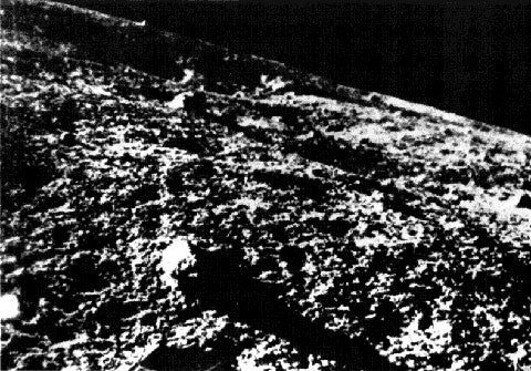 A view of the lunar surface taken by cameras aboard <em>Luna 9</em>.