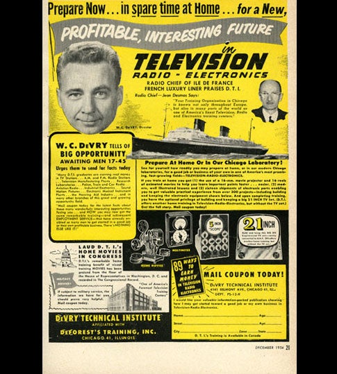 DeVry Technical Institute recruits future electricians to (eventually) fix the 7.4 million black-and-white, and 5,000 color, television sets sold in 1954. At the time, 56 percent of U.S. households had a TV.