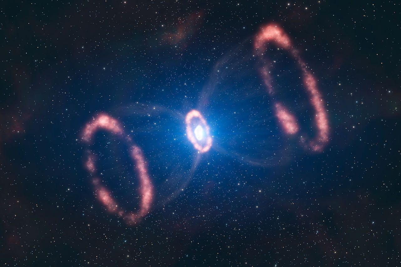 An artist's impression shows material being ejected from supernova 1987A, a star that exploded in the nearby Large Magellanic Cloud. A new instrument on the European Southern Observatory's Very Large Telescope allowed astronomers to reconstruct the supernova in 3-D.