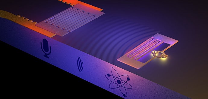 An artificial atom generates sound waves consisting of ripples on the surface of a solid.