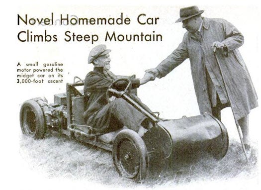 Wallace Henderson of Glasgow in his homemade mountain-climbing off-road-vehicle, in the November 1937 issue of Popular Science magazine.