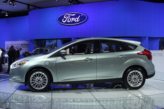 The electric Ford Focus, scheduled to reach 19 North American markets later this year, made it to town. Like the Nissan Leaf, the electric Focus should get roughly 100 miles of driving range from a charge of its lithium-ion battery pack.