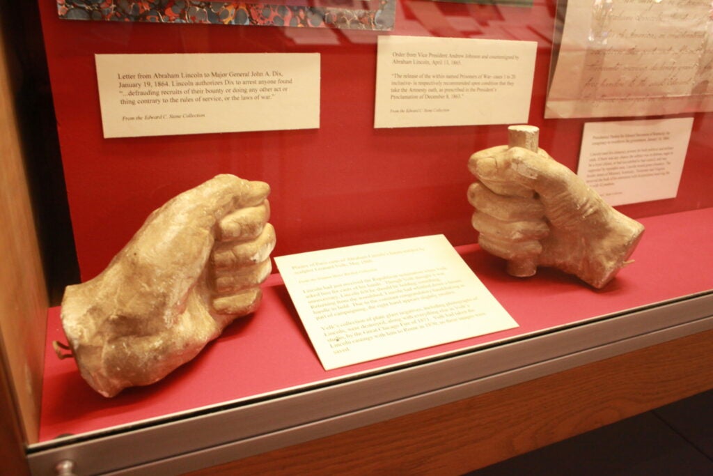 Abraham Lincoln was a towering figure, both intellectually and physically. These plaster of Paris casts of his hands were made in May 1860, shortly after Lincoln received the Republican nomination for president. His right hand, already fittingly large from his 6'4" frame, appears slightly swollen from intense campaign handshaking.