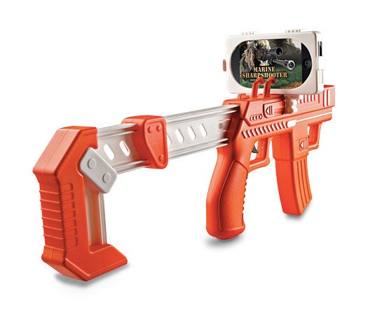 The AppBlaster gun adds a precision grip to iPhones. Snap the phone to the barrel, and download one of seven compatible apps. Games superimpose targets and enemies—ducks, troops, aliens—over a live camera image of the room around you. Pulling the trigger taps two conductive pads on the screen to fire. <a href="http://www.bestbuy.com/site/Spin+Master+-+Appfinity+AppBlaster+Toy+Gun+for+Apple%26%23174%3B+iPod%26%23174%3B+and+iPhone%26%23174%3B/3684894.p?id=1218431531804&amp;skuId=3684894">AppFinity AppBlaster</a> <strong>$20</strong>
