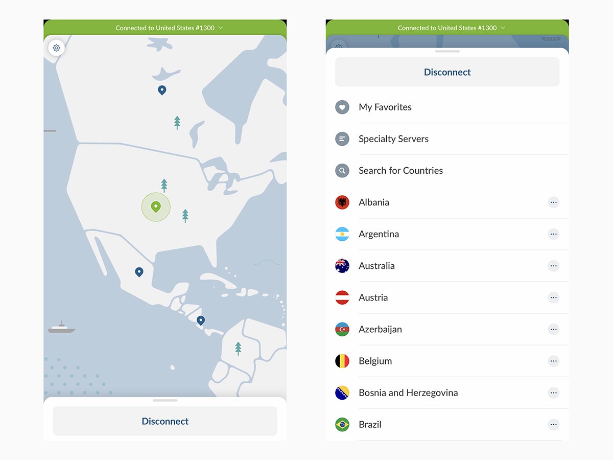 Choosing a server location in a different country on NordVPN for iOS.
