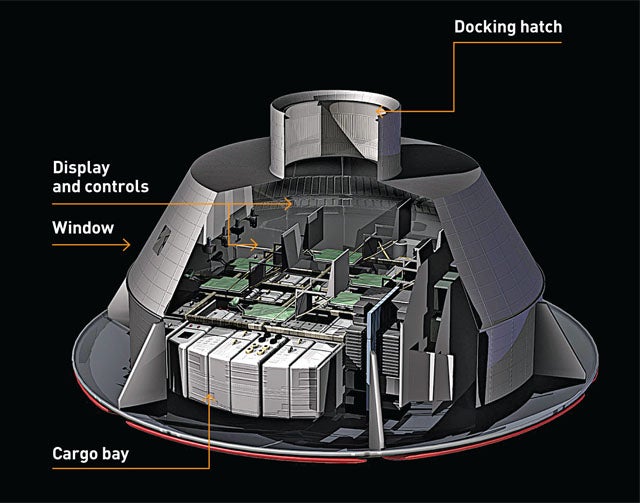 A cutaway view of the proposed 16.5-foot-wide <em>Orion</em> crew capsule. It will carry up to six astronauts.