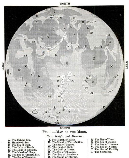 During the late 19th century, we ran "Astronomy with an Opera-Glass," a regular feature where writers discussed how laymen could study the cosmos using basic theater binoculars. The map pictured left identifies key areas of the moon using translations of their Latin names. The lunar maria, or dried, basaltic lava-filled lunar plains, were called seas by ancient astronomers who mistook the darkened areas for water. But what of the moon's condition and topography? There was only so much you could figure out via telescope. By this point, telescopes had shown us that the moon was "a mere planetary skeleton" devoid of liquid water, vegetation, and sentient life. From Earth, the whole thing looked pretty lifeless, but there was no reason to believe that the moon completely lacked an atmosphere or soil capable of sustaining life. At any rate, the rugged mountain ranges and vast craters were alien enough to capture our fancy. "If we could visit those ancient sea-bottoms, or explore those glittering mountains," we wrote, "We might, perchance, find there some remains or mementoes of a race that flourished, and perhaps was all gathered again to its fathers, before man appeared upon the earth." Read the full story in "Astronomy with an Opera-Glass: The Moon and the Sun"