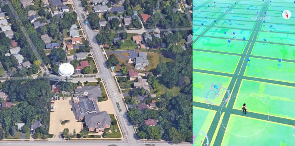 Comparison of Downers Grove in Google Maps to a separate PokÃ©mon Go location