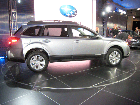 Subaru unveiled, on the second day of the auto show, the fourth generation of its unassuming cult favorite: the Outback. The 2010 model has new styling, new transmissions (both a 6-speed manual and a continuously variable transmission [CVT]), and a 256-hp 3.6-liter 6-cylinder engine. As a journalist friend told me, "For those of us on their fourth Outback, this is very exciting."