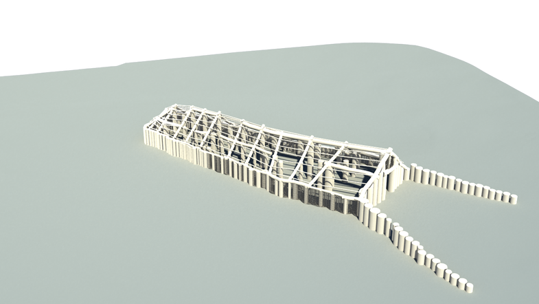A 3D rendering of a "long barrow" burial site based on traces of the wooden posts detected during the survey.