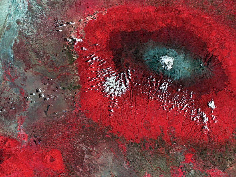 Africa's tallest peak, the volcano Kilimanjaro, rises 15,100 feet from the surrounding plains, with a summit 19,340 feet above sea level. The climate changes on the way up and, along with it, the landscapes. The red areas of the image represent abundant vegetation growing near the base, while grassy moorlands are found higher up in the wine-colored region. The southern side [in the lower area of the photo] has the lushest growth; prevailing winds come from the southeast and dump life-giving precipitation on this slope before passing over the mountain. The green band near the peak is a rocky, debris-filled glacial zone topped off by a snowy summit.