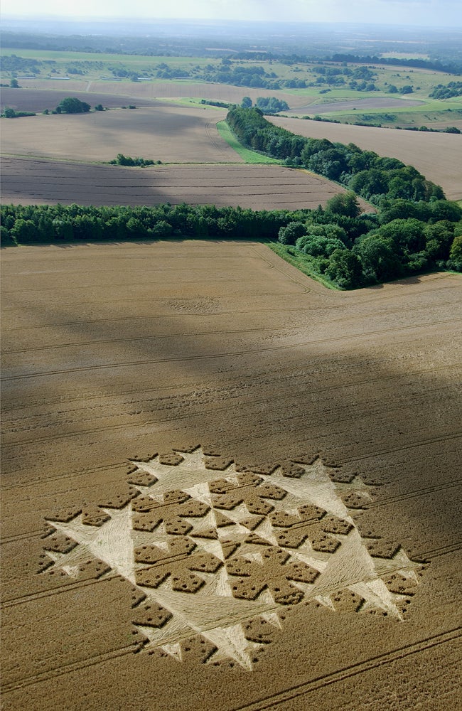 This set also experimented with the principles of fractal geometry. This crop circle was made in a wheat field at Tidcombe Down, Wiltshire, on July 26, 2007. Five-fold geometry, and the pentagram in particular, lends itself to this kind of repeating pattern framework, Alexander said.
