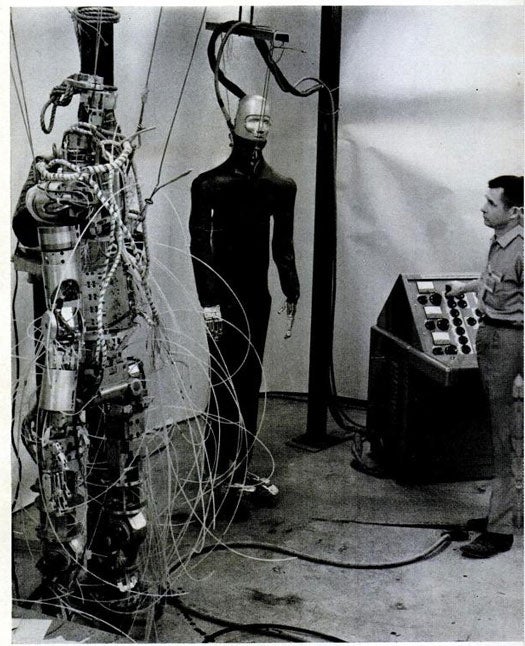 NASA's "articulated dummies," which could replicate 35 basic human movements, were built to measure the force imposed on astronauts by their pressurized space suits. After dressing the dummy in a space suit, the operator would instruct it to move its limbs, and thus be able to test how much torque the movement required. Read the full story in "Robot Flexes 35 Joints to Test Space Suits"